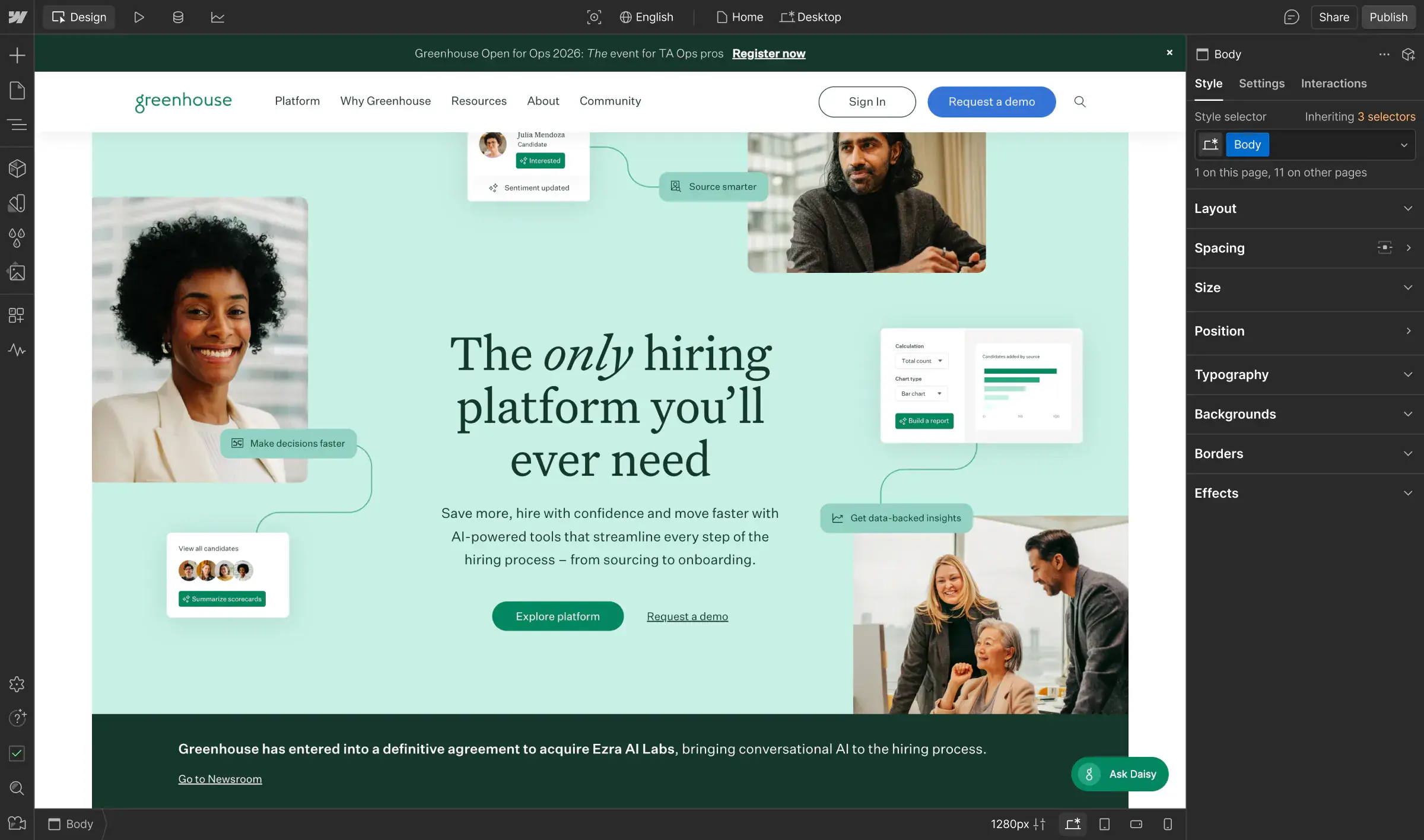 Official Greenhouse customer story image showing its website in Webflow.