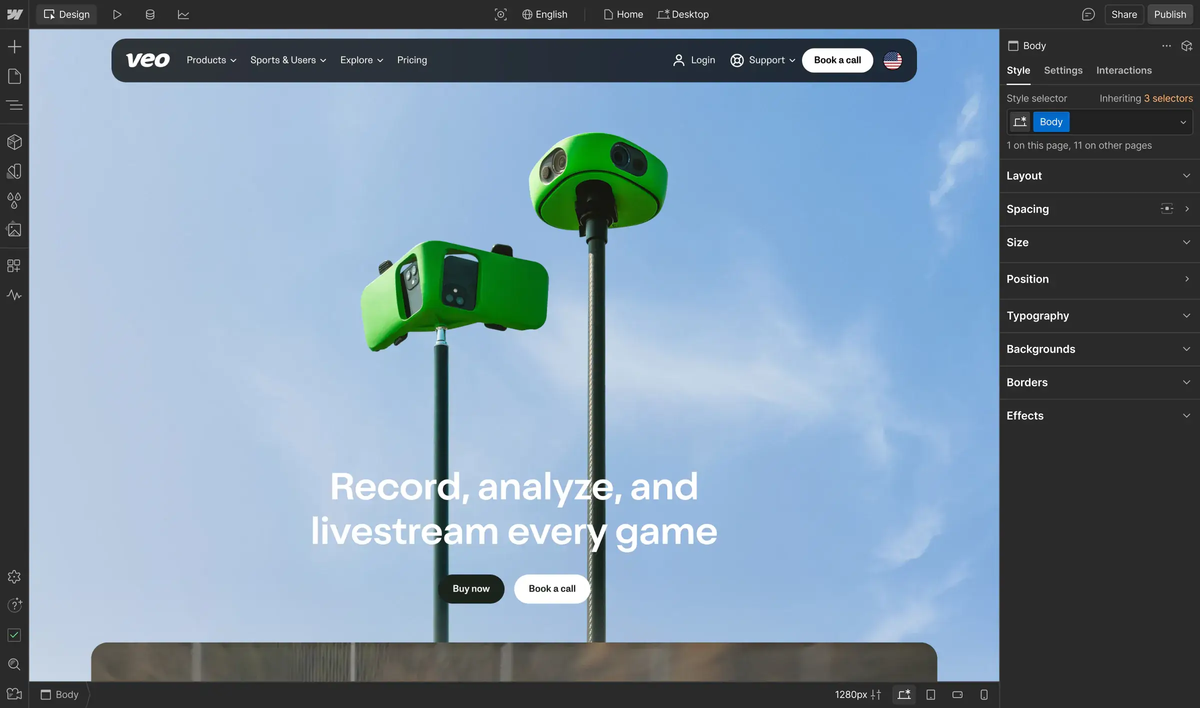 Official Veo customer story image showing its sports technology website in Webflow.