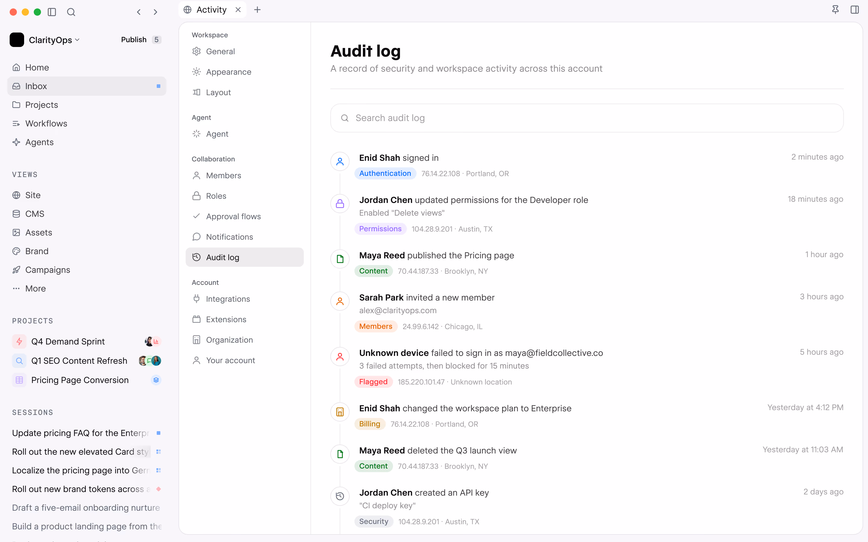 Official Source Activity View showing a shared record of user and agent changes.