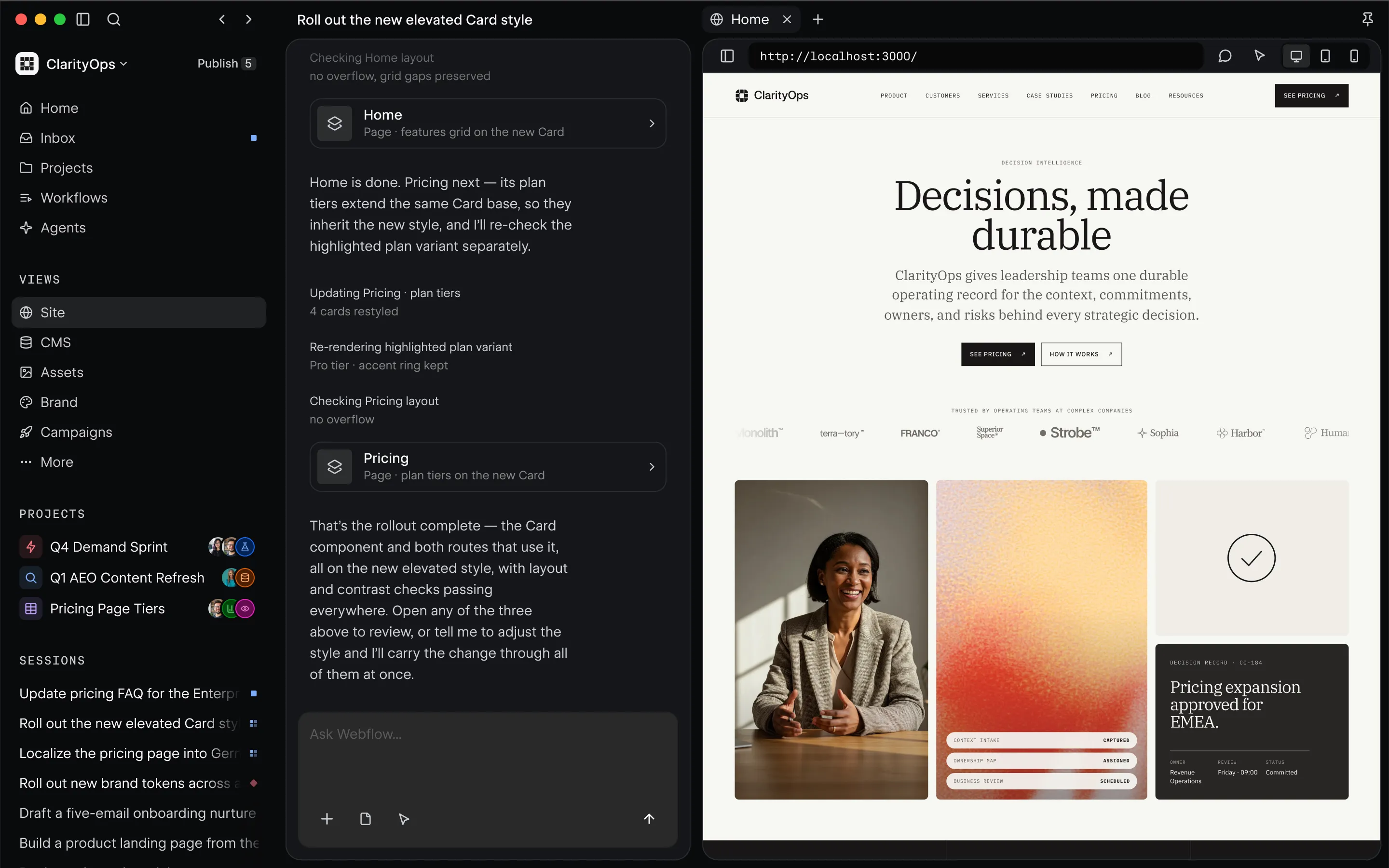Official Source interface showing a user session and a campaign page on the canvas.