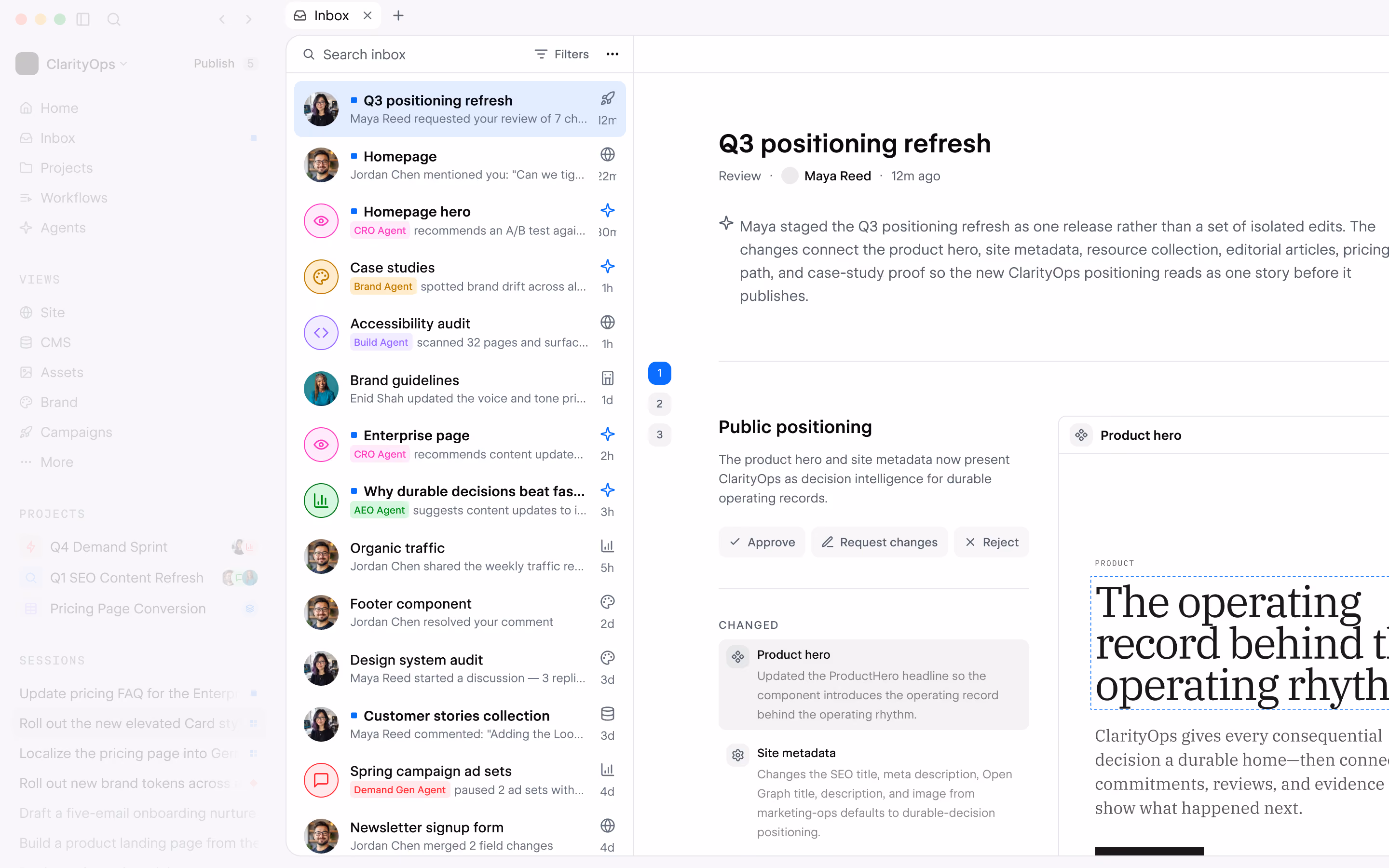 Official Source Inbox View showing shared work, teammate messages, and a proposed page change.